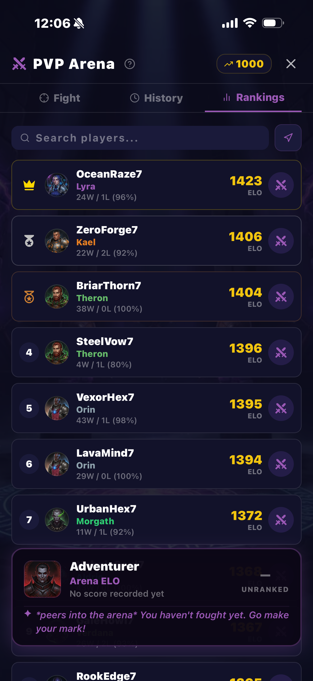 PVP Arena leaderboard